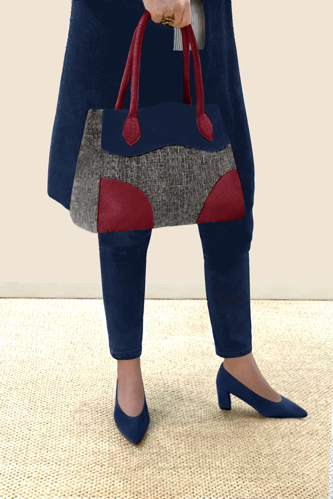 Dark grey, navy blue and burgundy red women's dress handbag, matching pumps and belts. Worn view - Florence KOOIJMAN